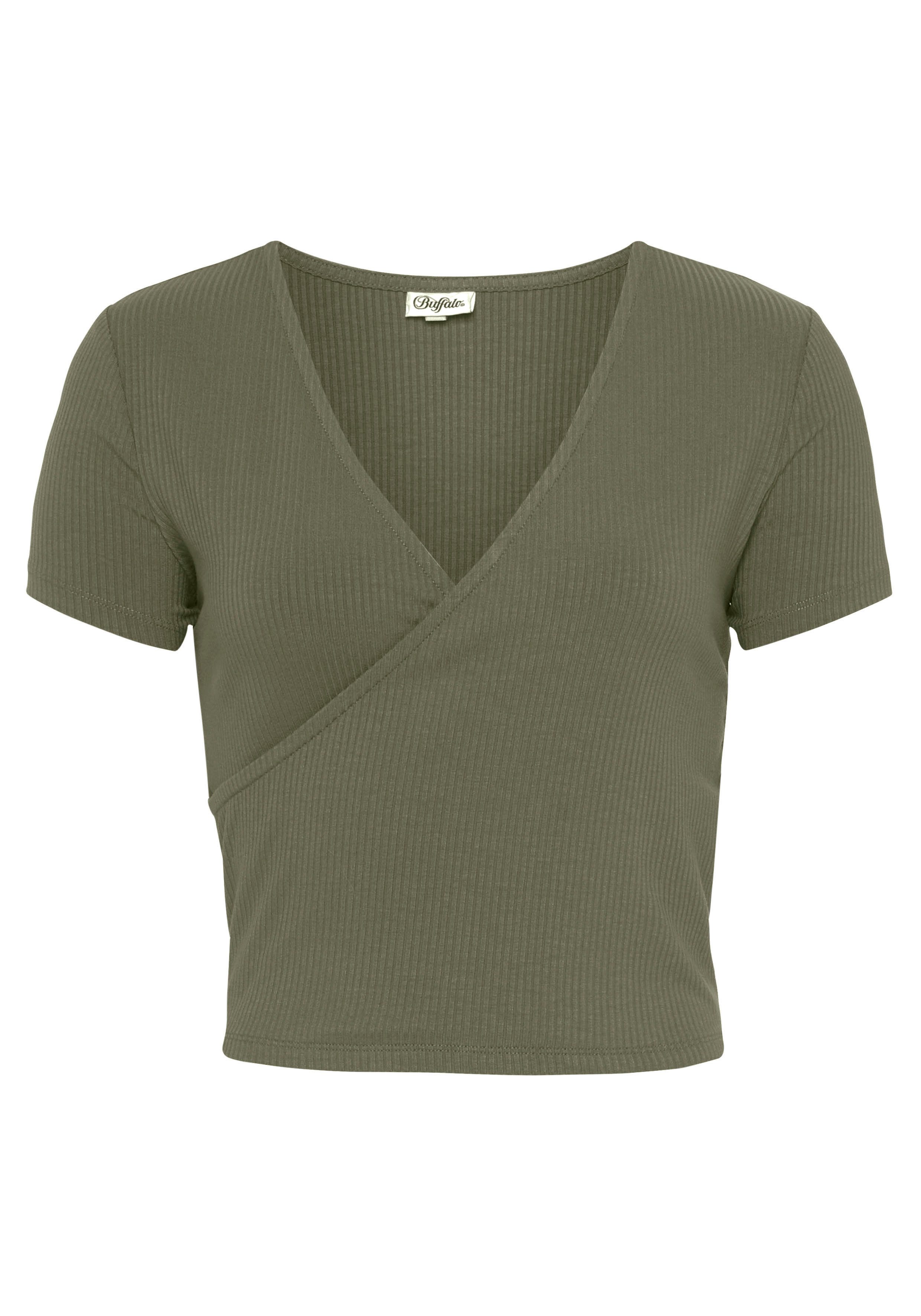 Buffalo Shirt met korte mouwen met wikkellook en v-hals, t-shirt, nauwsluitend, basic shirts maat 40/42 groen