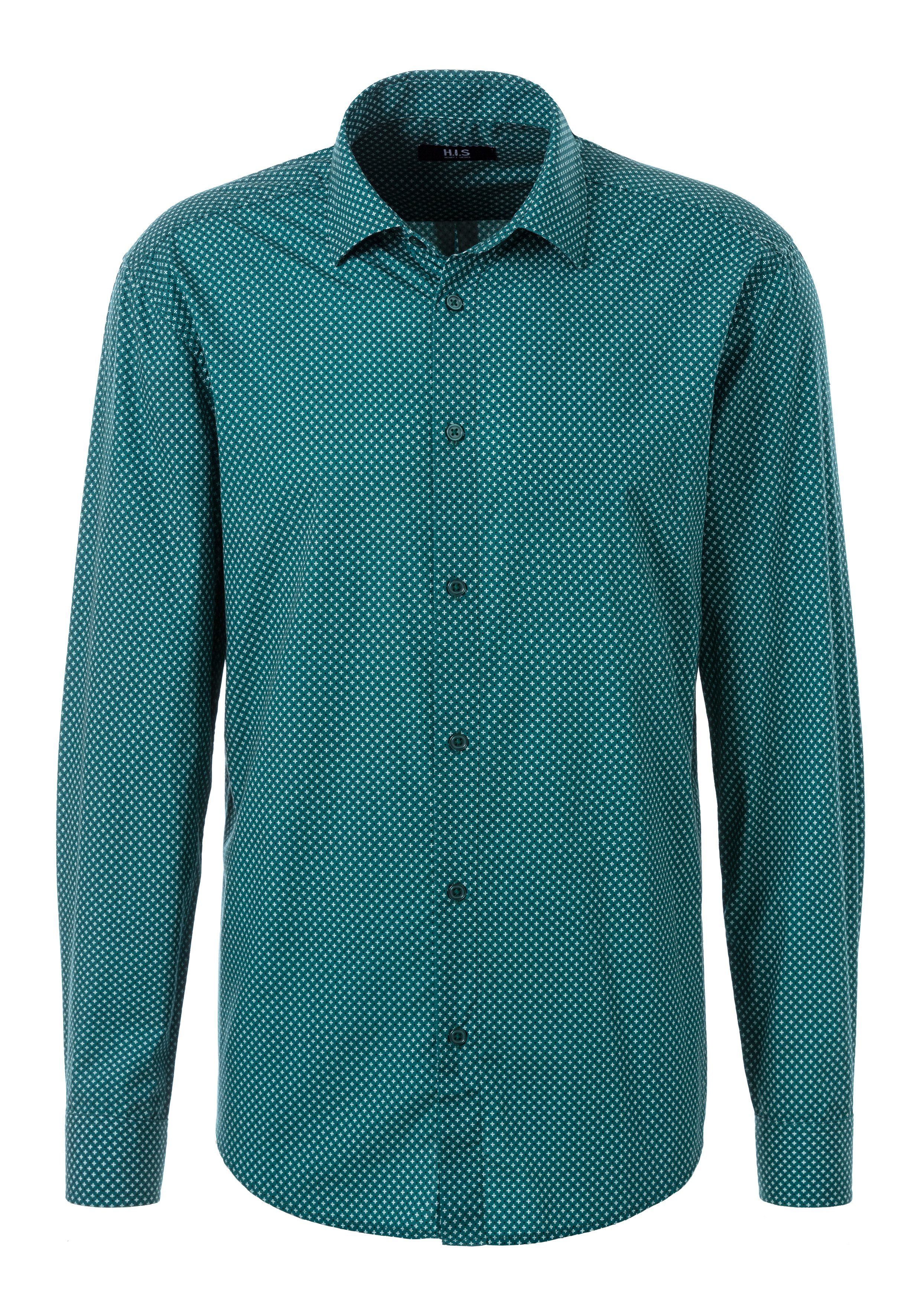 H.I.S Overhemd met lange mouwen Regular fit met haifiskraag en all-over print van zuiver katoen heren maat S (37/38) groen