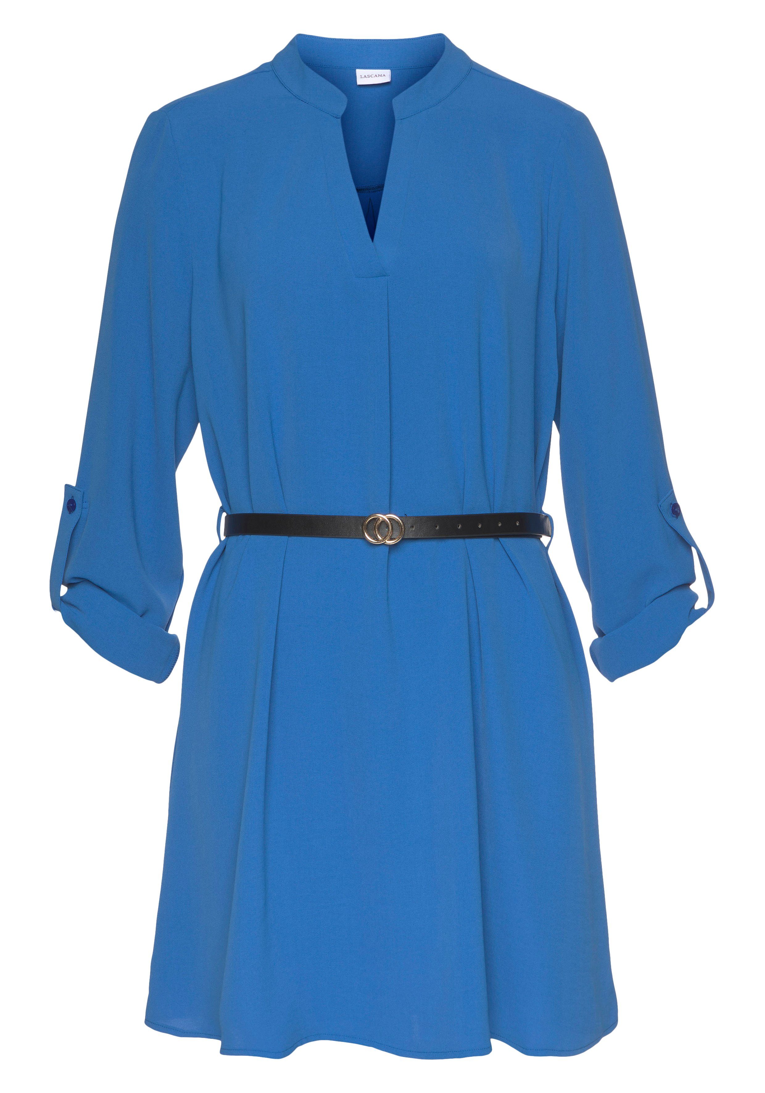 Lascana Lange blouse van gekreppte stof, losse blousejurk, elegant-chic (Met riem in leer-look) strandjurkjes maat 46 blauw